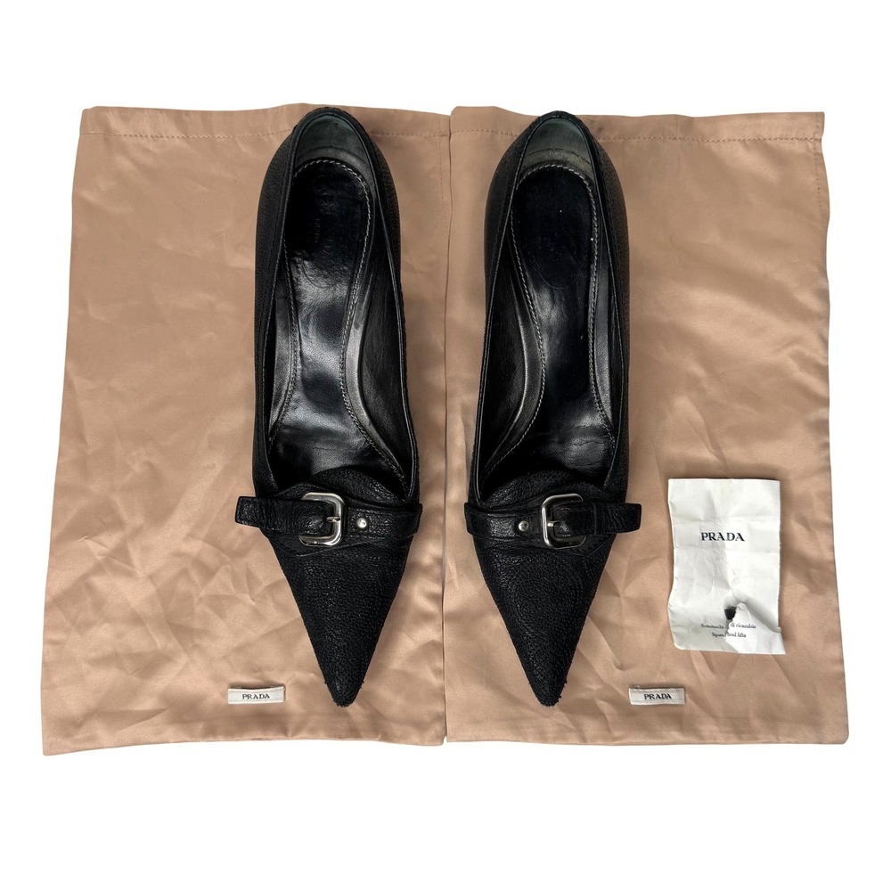 Prada Black Pebbled Leather Pointed Toe Buckle Kitten Heel Pumps 38.5 Italy - Picture 2 of 10